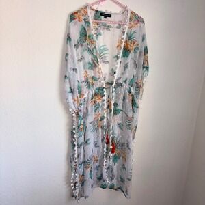 Club Z Collection Tropical Floral Pom Pom Trim Swim Cover Up XL White Orange